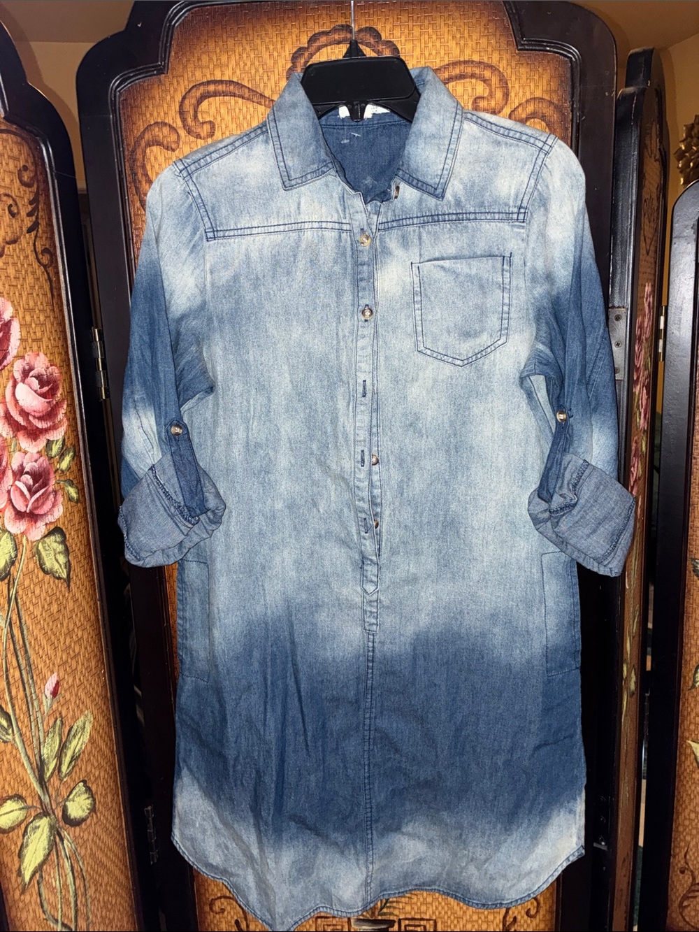 Divided Ombre Denim Shirt Dress in Light and Dark Blue